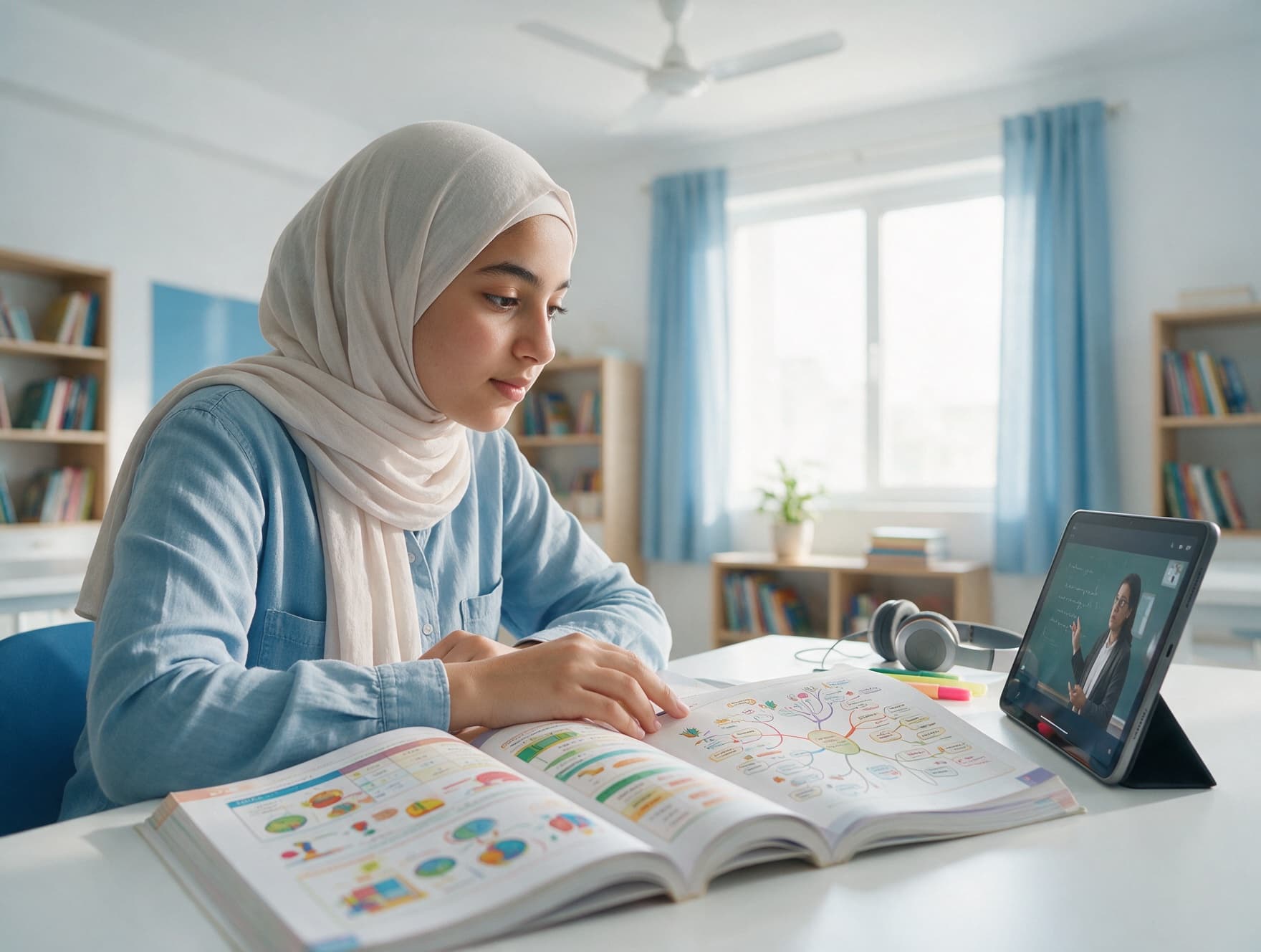 A student studying from the book with a video lesson